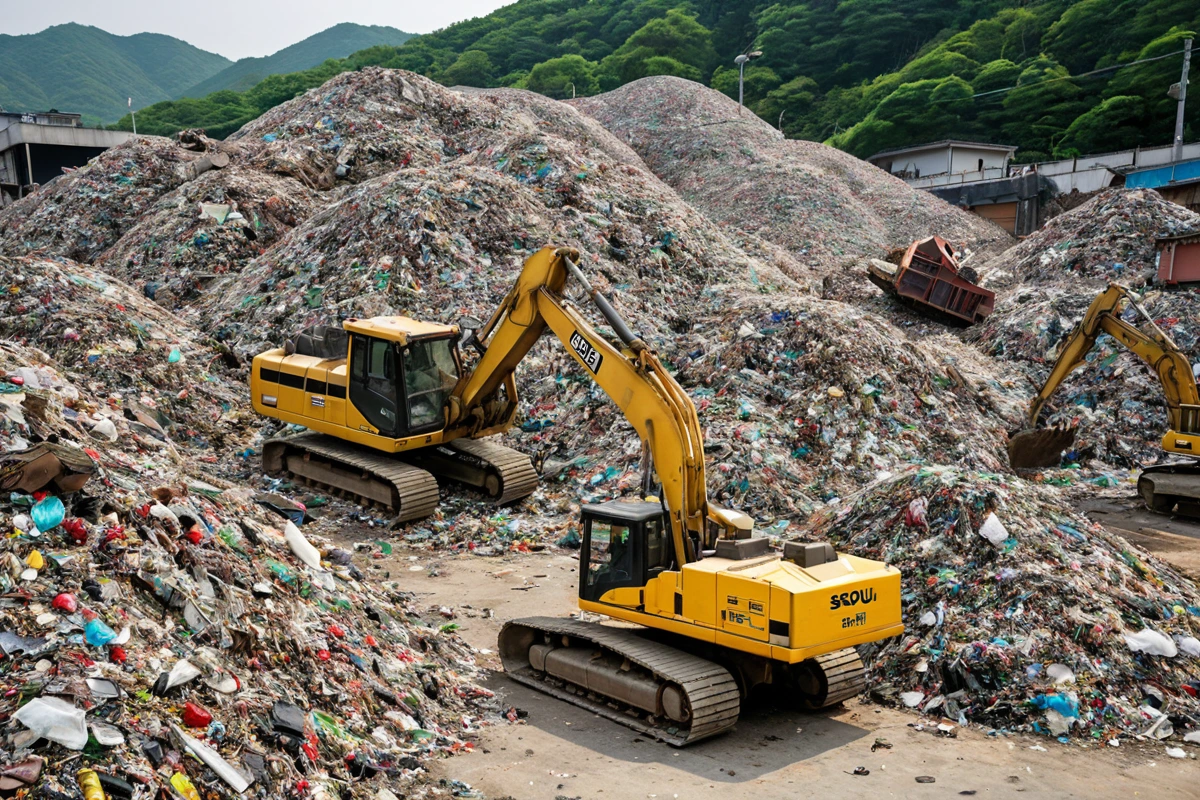 서울특별시 봉천동 철거 현장에서 폐기물 분류 작업 중인 장비와 분류된 폐기물 더미, 재활용 가능한 자원과 폐기물이 구분된 상태로 정리된 모습