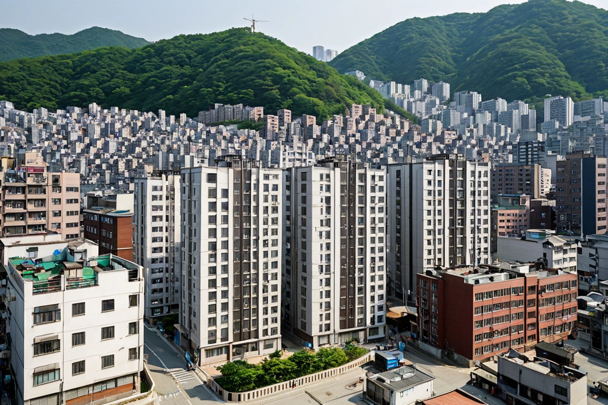 서울특별시 성내동의 주택 철거 비용 비교 분석을 위한 지역별 건축물 현황. 봉천동과 성내동의 주택 건물 외관을 비교한 촬영. 성내동 건물이 봉천동보다 더 높은 건축 규제를 받고 있