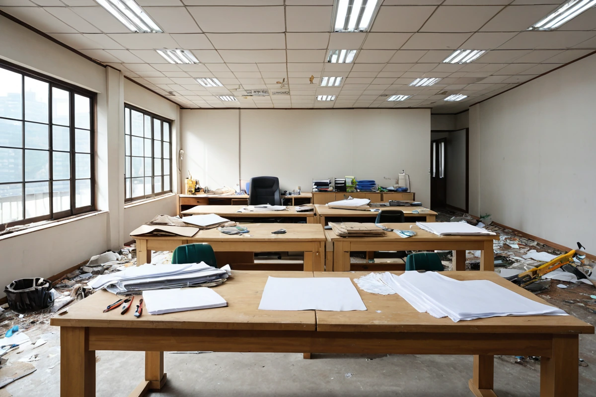 서울특별시 신내동 사무실 철거 후 원상복구 청소 현장에서 철거 잔해가 정리된 공간, 청소 장비와 청소 도구가 정리된 테이블 위에 청소 비용 계산서가 놓여진 사실적인 장면