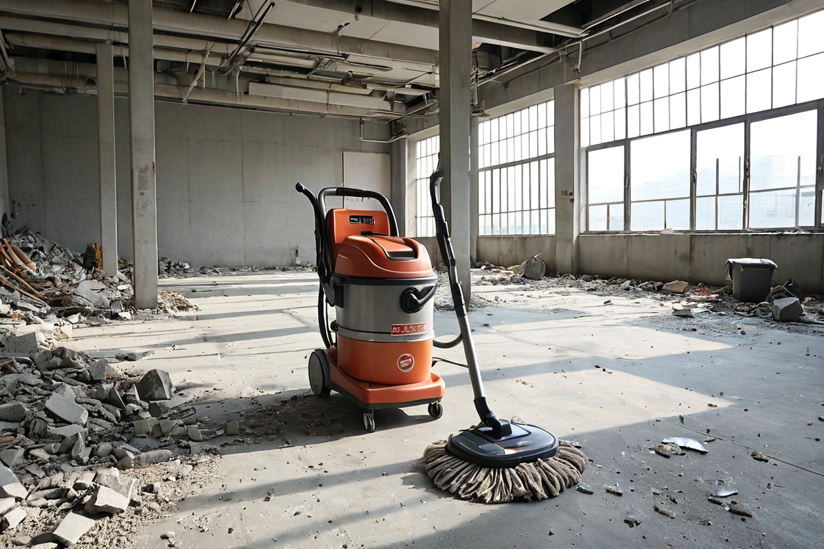서울특별시 신대방동 상가 철거 후 원상복구 청소 중인 청소 장비와 청소 중인 바닥의 모습, 철거 잔해가 완전히 제거된 깨끗한 바닥 위에 청소기와 걸레가 놓여 있는 자연스러운 장면