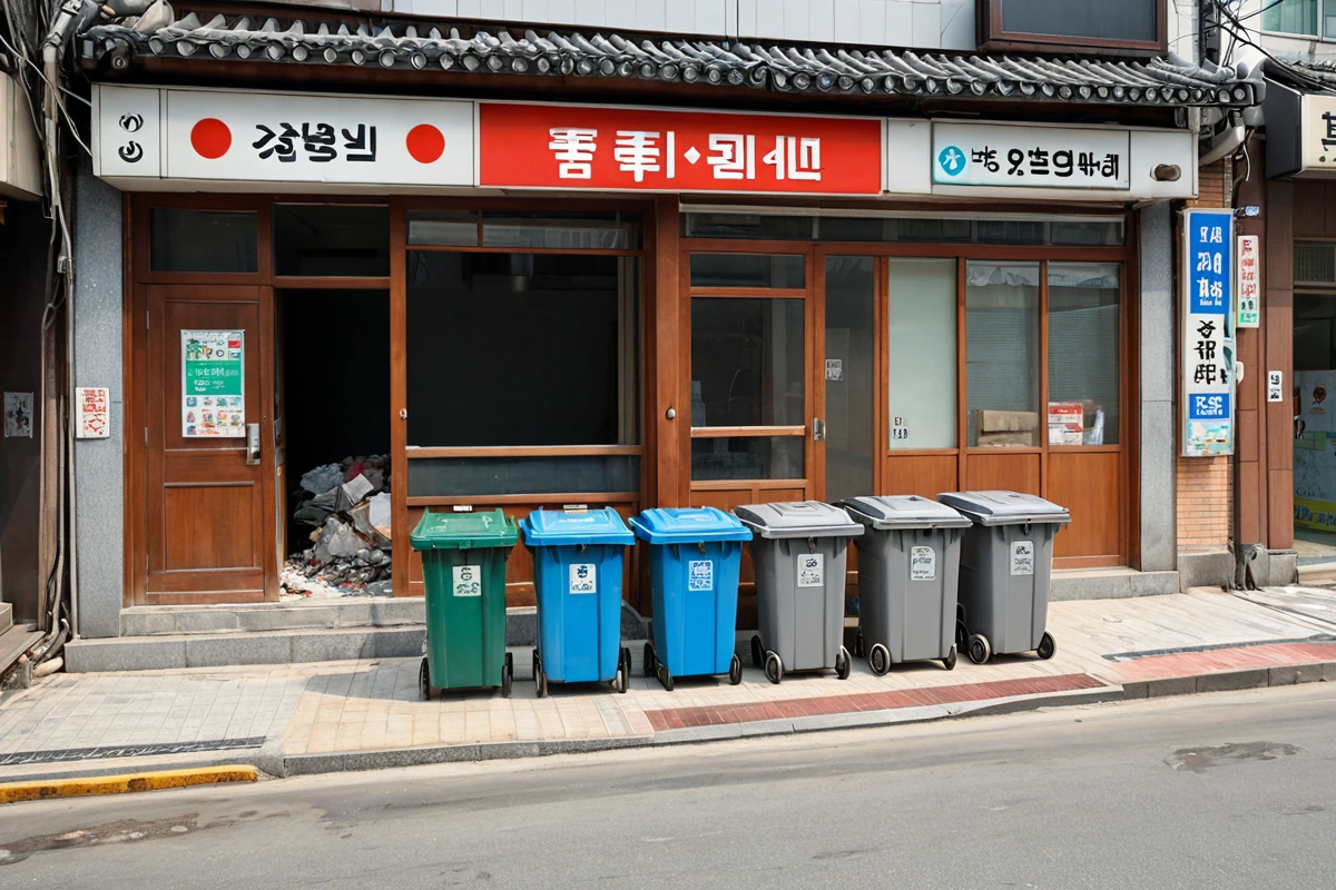 서울특별시 오금동 점포철거 후 원상복구 청소 현장, 바닥에 작은 철거 잔해가 남아있지 않게 청소된 공간과 함께 폐기물 처리 규정을 준수한 쓰레기통이 정리되어 있는 모습.