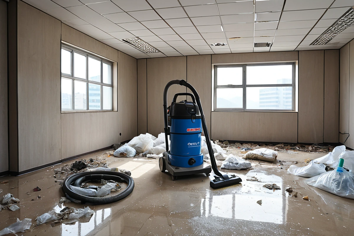 서울특별시 오륜동 지역의 사무실 철거 후 원상복구 청소 과정에서 철거 잔해 수거와 미세먼지 제거를 위한 청소 장비가 정리된 모습. 벽면과 바닥 청소를 위한 청소용 청소기와 먼지 제