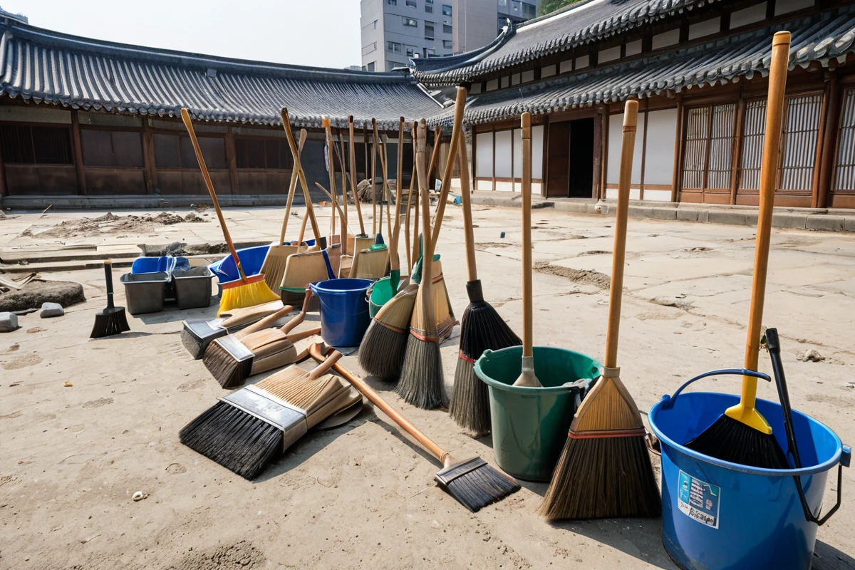 서울특별시 우면동의 철거 후 청소 현장에서 평당 가격 표시가 달린 청소 비용 안내 테이블과 정리된 청소 도구들이 배치된 장면, 청소 작업 중인 물건들이 청결하게 정리된 상태
