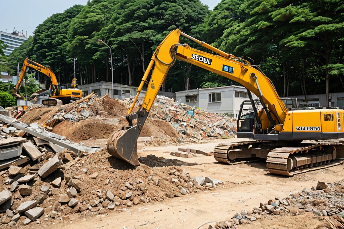 서울 하계 지역의 주거지 철거 현장에서, 철거 중인 건물의 구조물과 철거 장비가 정리된 모습. 건물 외벽에 철거 작업 중인 표시판이 보이지 않도록 철거 장비가 철저히 정리되어 있으