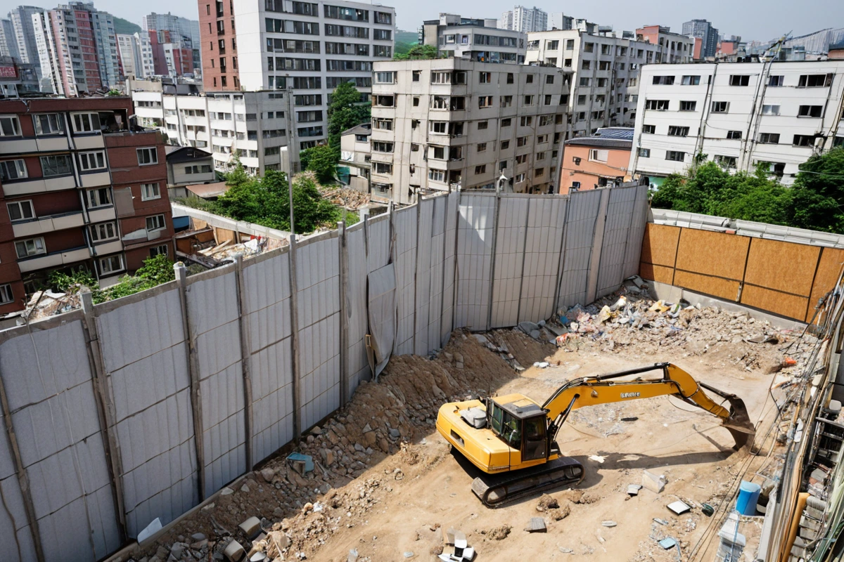 서울 합정 지역 주거지 인근에서 철거 작업 중인 현장의 소음 방지용 차폐막과 먼지 관리 장비가 배치된 상황. 주변 주택의 외관과 철거 현장의 안전 조치가 자연스럽게 어우러진 사진.