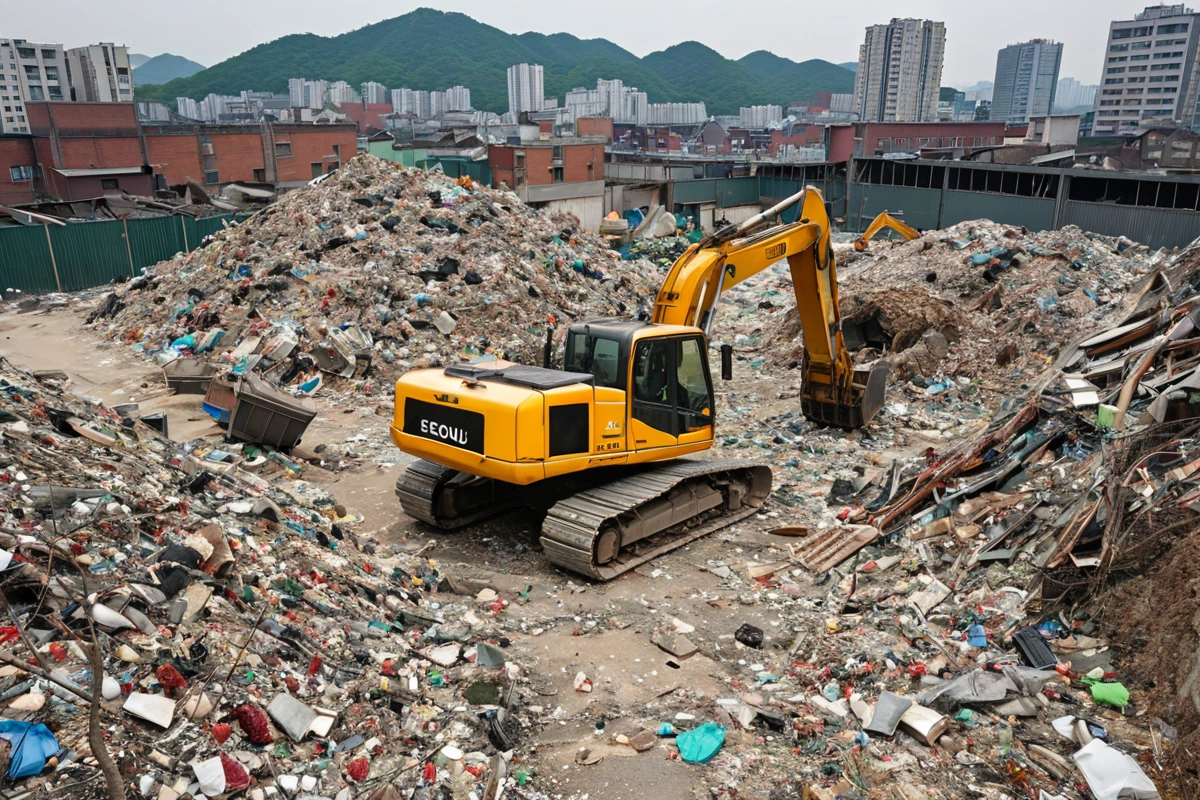 서울 홍제 지역의 철거 현장에서, 철거된 재료가 정리된 폐기물 처리 구역. 철거된 재료가 분류되어 있는 모습과 철거 장비가 정리된 공간이 명확히 드러나는 사진.