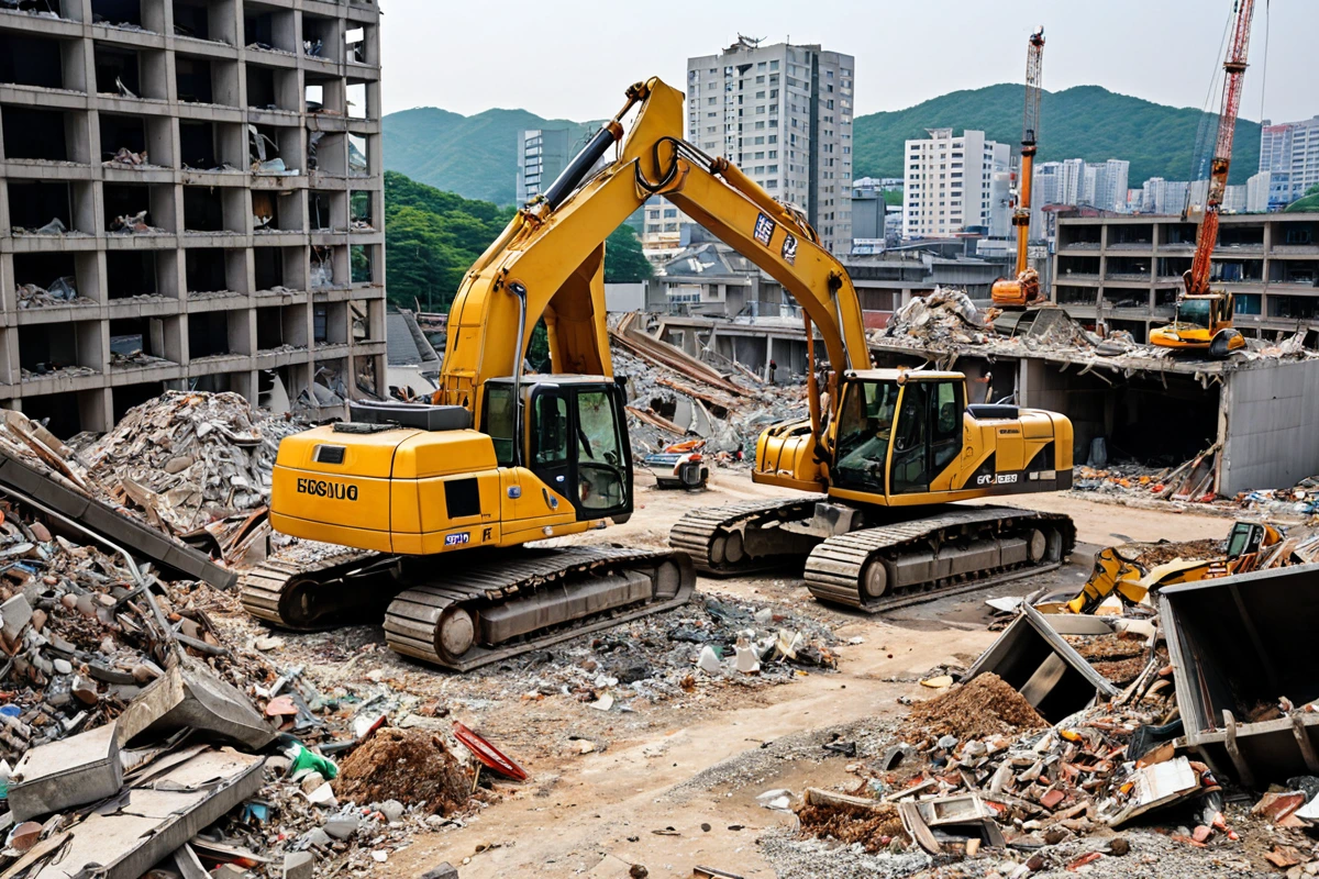 서울 홍제 지역의 철거 현장에서 철거 작업 중인 중장비가 철거 중인 건물 주변에 서 있는 모습, 건물의 구조물과 폐기물 처리 장비가 정리된 배경