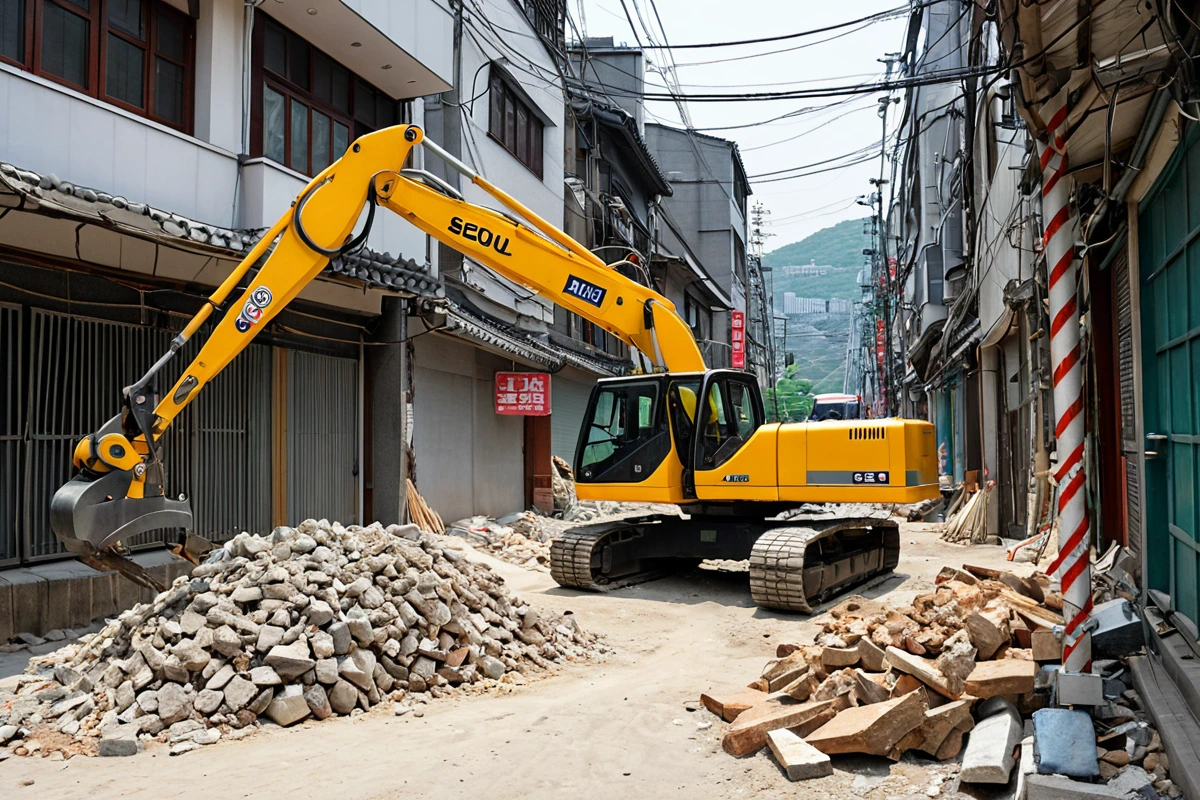서울 휘경 지역의 좁은 골목에서 철거 작업 중인 현장, 주변 건물과의 거리가 좁은 상황을 보여주는 철거 장비와 안전 울타리가 설치된 장면. 안전 관리 계획에 따라 철저히 관리된 철