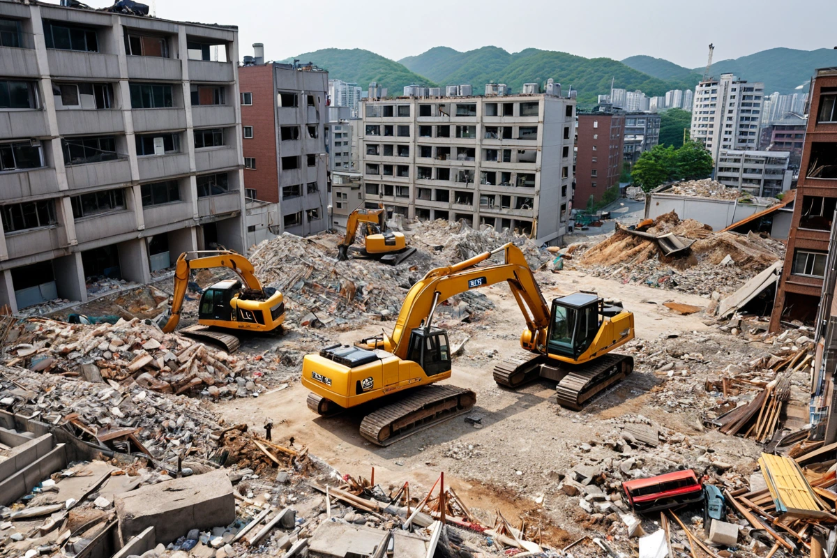 서울 흑석동 주거용 건물 철거 완료 후 철거된 재료가 정리된 모습. 평당 15만 원의 비용 산정 기준을 보여주는 철거 후 공간의 청결한 모습과 철거 장비의 배치를 묘사한 사진.