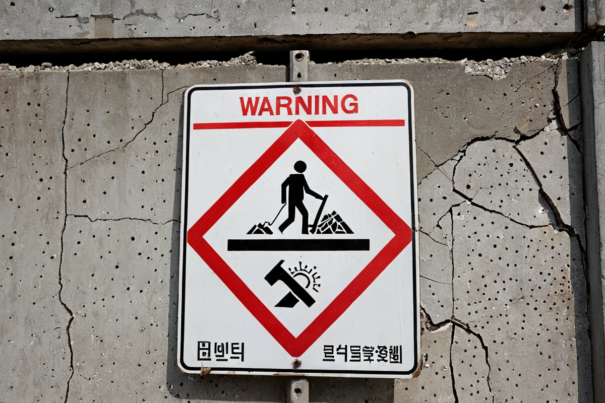 서울 흑석동 주거지의 가벽 철거 전 구조물 상태 점검 현장. 철거 전에 설치된 안전 경고 표지와 함께 구조물의 결함을 확인하는 전문 장비가 놓여 있다.