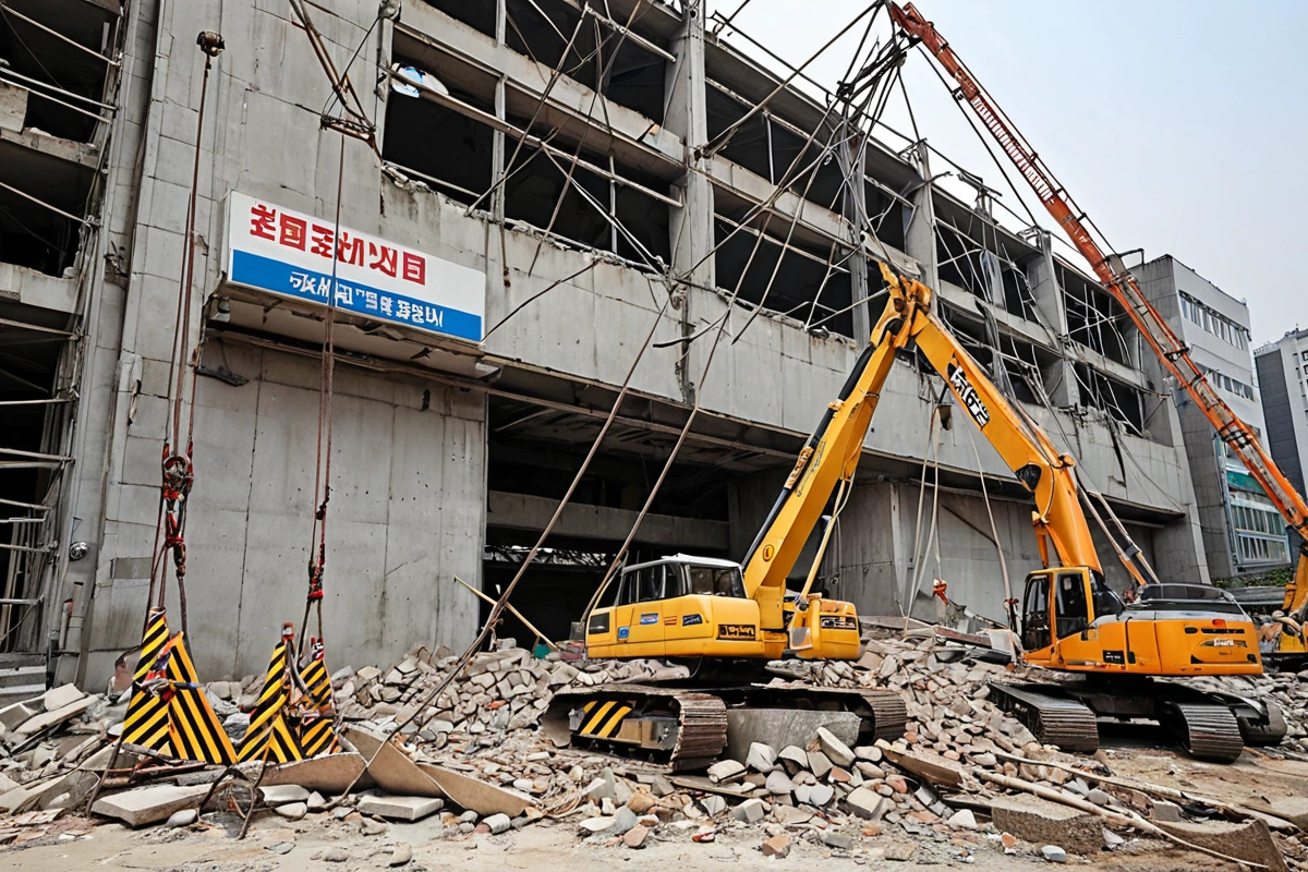 서초동 상업용 건물의 간판 철거 중인 현장, 철거 중인 간판이 아래로 떨어지는 모습과 간단한 철거 도구가 보이는 사실적인 장면. 봉천동 주택 철거 현장과는 다른 구조물의 규모와 철