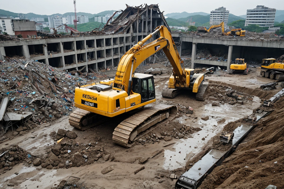 석촌동 공장 철거 현장에서 대형 기계가 구조물을 철거하는 모습. 철거 중인 공장 건물의 잔해와 철재가 흩어진 흙바닥이 보인다.