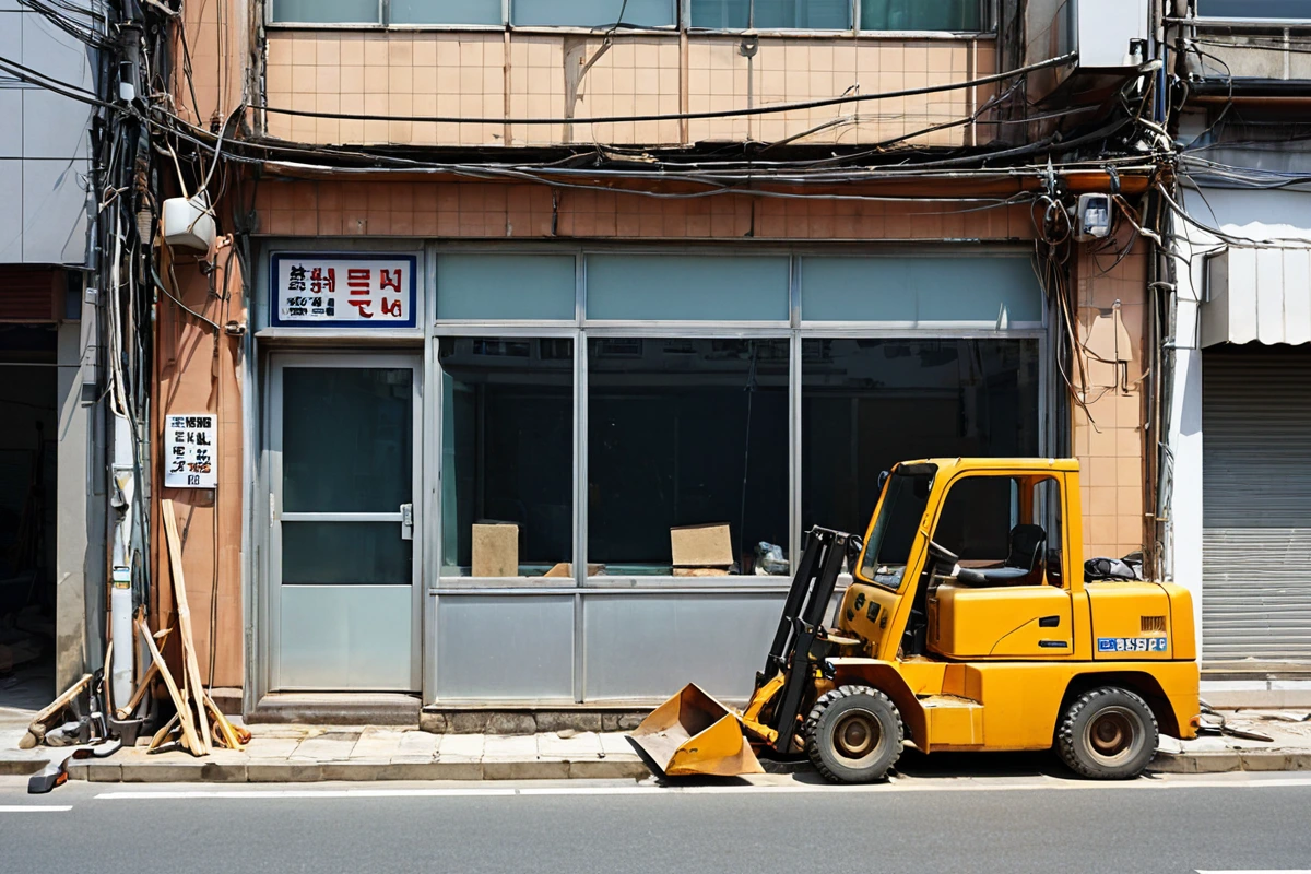 석촌동 상가 건물의 작은 규모 간판이 철거 중인 장면, 간판의 재질과 크기, 철거 장비가 간판을 조심스럽게 제거하는 모습이 자연스럽게 보이는 풍경