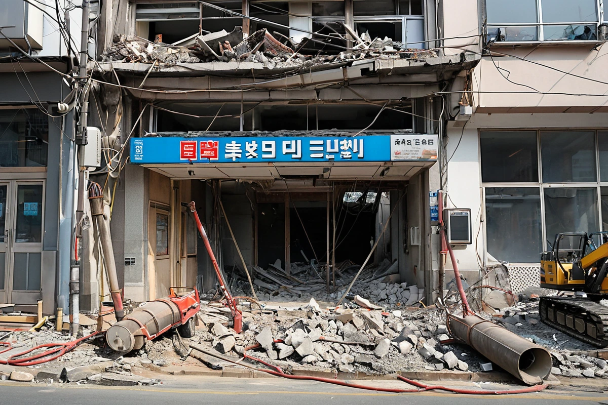 석촌동 피시방 철거 현장, 복잡한 전기 설비와 소방 시스템이 노출된 공간, 철거 작업 중인 장비와 함께 정돈된 철거 현장의 모습