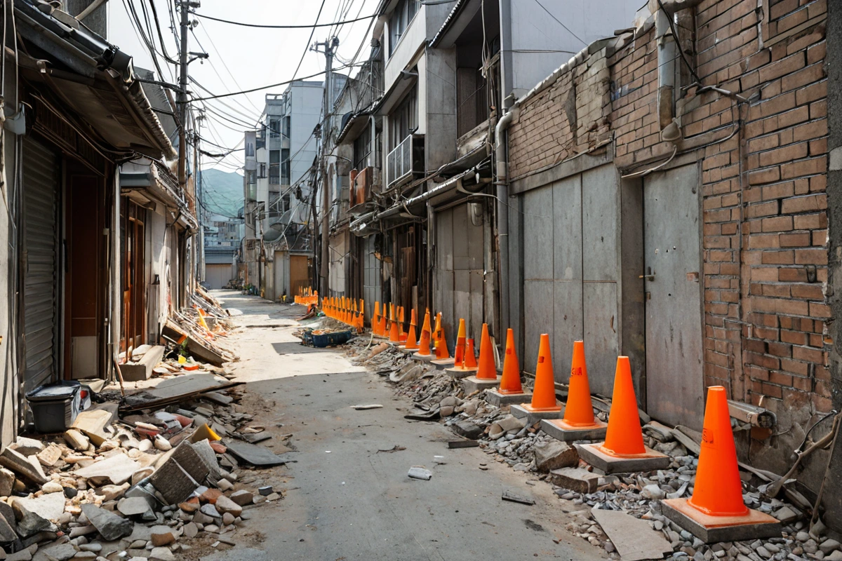 성동구 주거 밀집 지역의 가벽 철거 현장, 좁은 골목에서 철거 중인 가벽 구조물과 주변 건물의 모습, 교통 혼잡을 고려한 현장 경계선이 설치된 상황