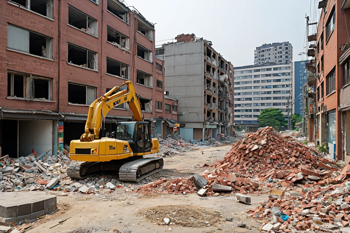 세곡동 상업 지역의 철거 현장과 봉천동 주거 지역의 철거 현장 비교. 세곡동은 상업 건물 철거 시 상업적 요소가 반영된 철거 장면, 봉천동은 주민 소음 규제를 고려한 주거 지역 철