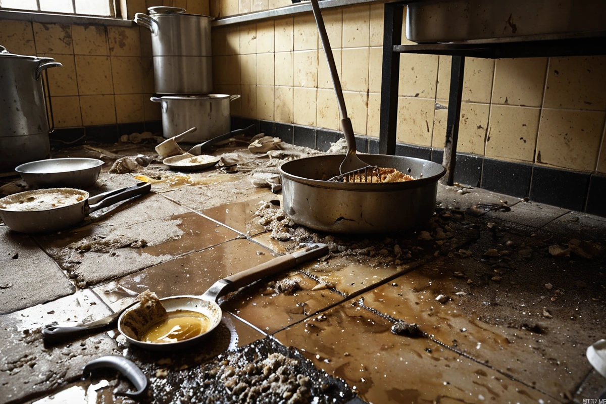 식당 철거 후 벽면과 바닥 틈새에 남은 기름기와 음식물 찌꺼기가 집중적으로 묻어 있는 모습. 조리기구 주변의 작은 틈새를 청소 도구로 세심하게 처리하는 장면.