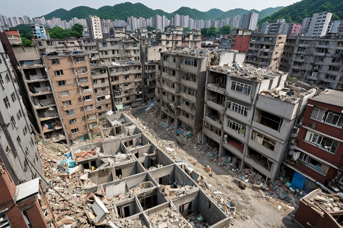 신당동 주거지 밀집 지역의 철거 작업 준비 현장, 주변 건물과의 거리가 가까운 상황에서 철거 차단막이 설치된 모습
