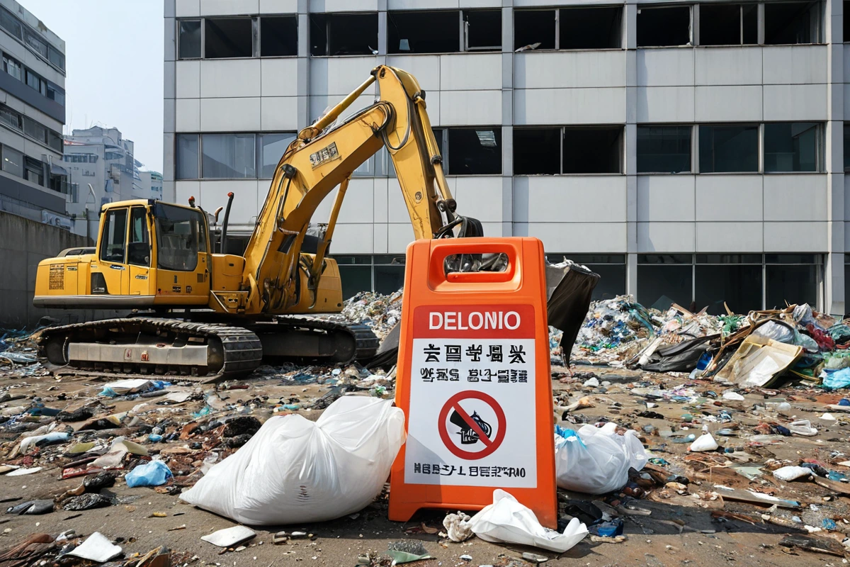 영등포구 사무실 철거 현장에서 대형 쓰레기 처리 규정 표지판이 놓인 곳, 철거 잔해가 정확하게 분리된 쓰레기 봉투와 청소 장비가 배치된 모습