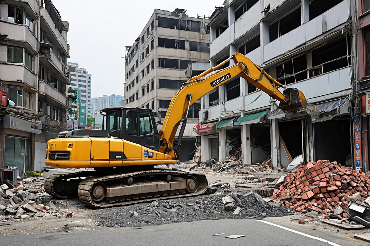 영등포동 상업지역의 식당 철거 현장, 주방 시설과 조리 장비가 철거 중인 모습. 주변 건물과 도로가 보이는 상업지역의 분위기, 철거 작업 중인 장비가 소음과 진동을 최소화하기 위해