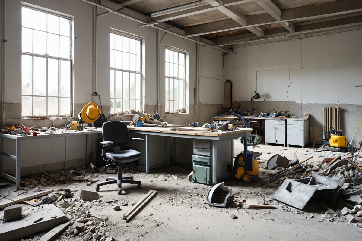 전문 철거 업체의 구조 분석 도구와 폐기물 처리 장비가 정리된 작업 공간, 간결한 공간 배치와 철거 관련 문서가 아닌 실제 장비만을 강조한 사진