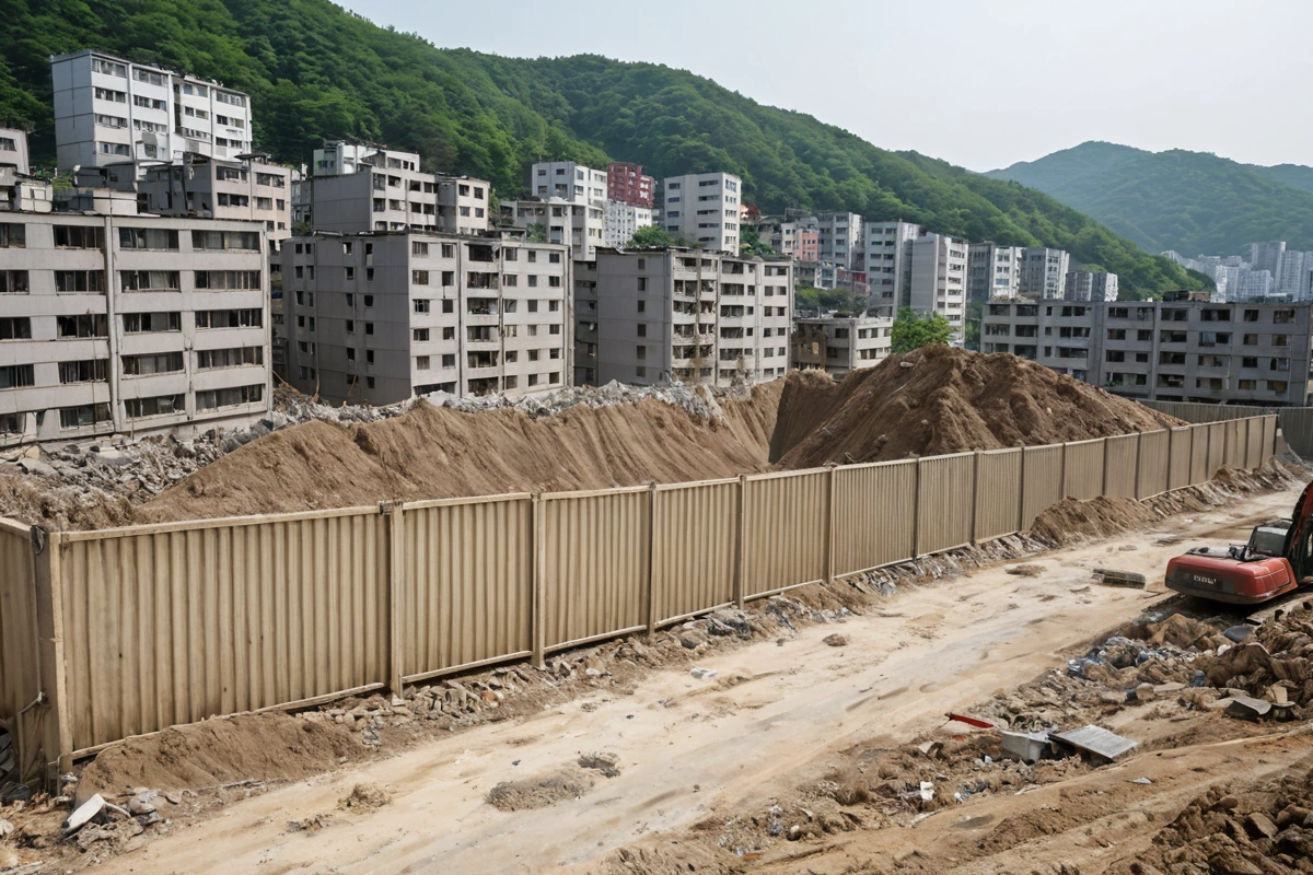 주거 밀집 지역의 봉천동 철거 현장에서 소음과 먼지 관리를 위한 방진망과 소음 차단 장치가 설치된 모습, 주변 건물의 창문이 닫혀 있는 자연스러운 도시 풍경.