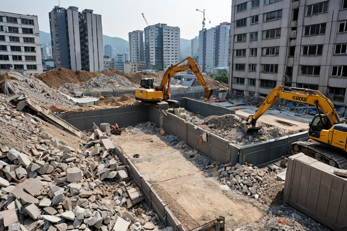 주변 건물과의 거리가 좁은 서울 연희 지역의 철거 현장, 철거 작업 중 소음과 진동을 최소화하기 위한 방음 장치가 설치된 철거 현장, 주변 건물과의 간격을 고려한 철거 작업 현장