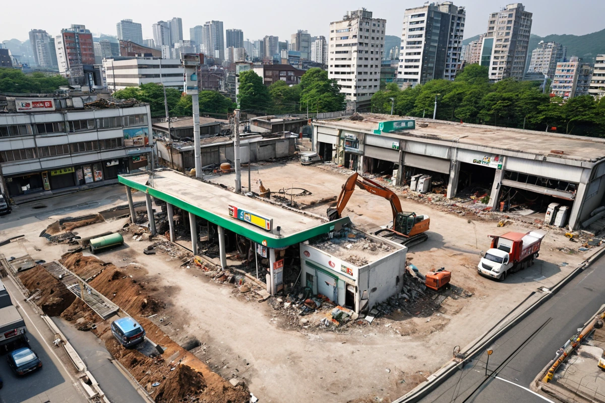 중구의 한 주유소 철거 현장, 철거 중인 주유기와 탱크가 정리된 공간, 주변 상업 건물과 조화를 이룬 철거 후 상가로의 전환을 고려한 철거 계획을 반영한 깔끔한 현장 모습