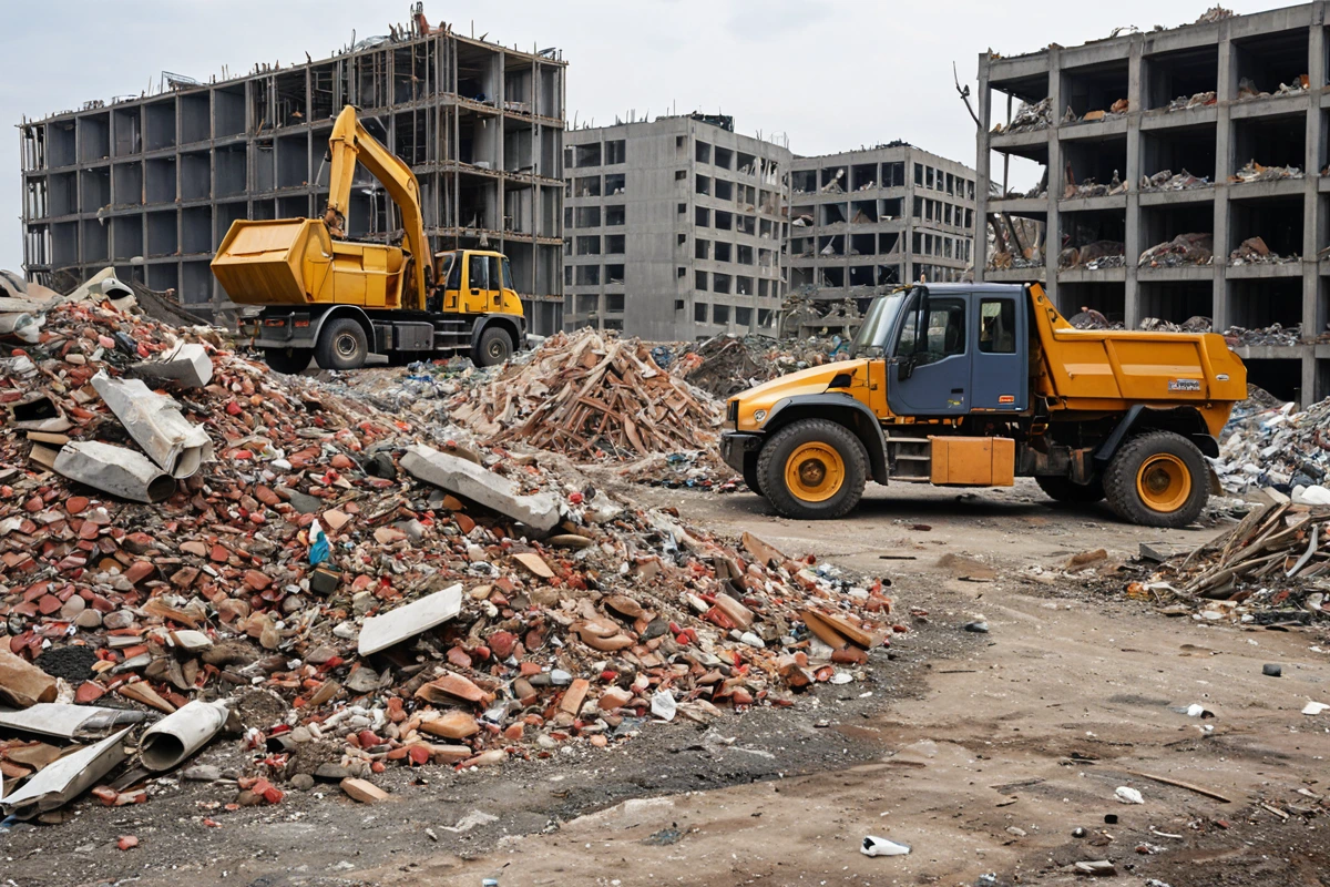 철거 과정에서 발생한 건축 폐기물이 정리된 쌓인 상태의 장면. 건축 자재와 폐기물이 분리되어 쌓여 있으며, 폐기물 처리를 위한 특수 차량이 배경에 보이는 자연스러운 현장.