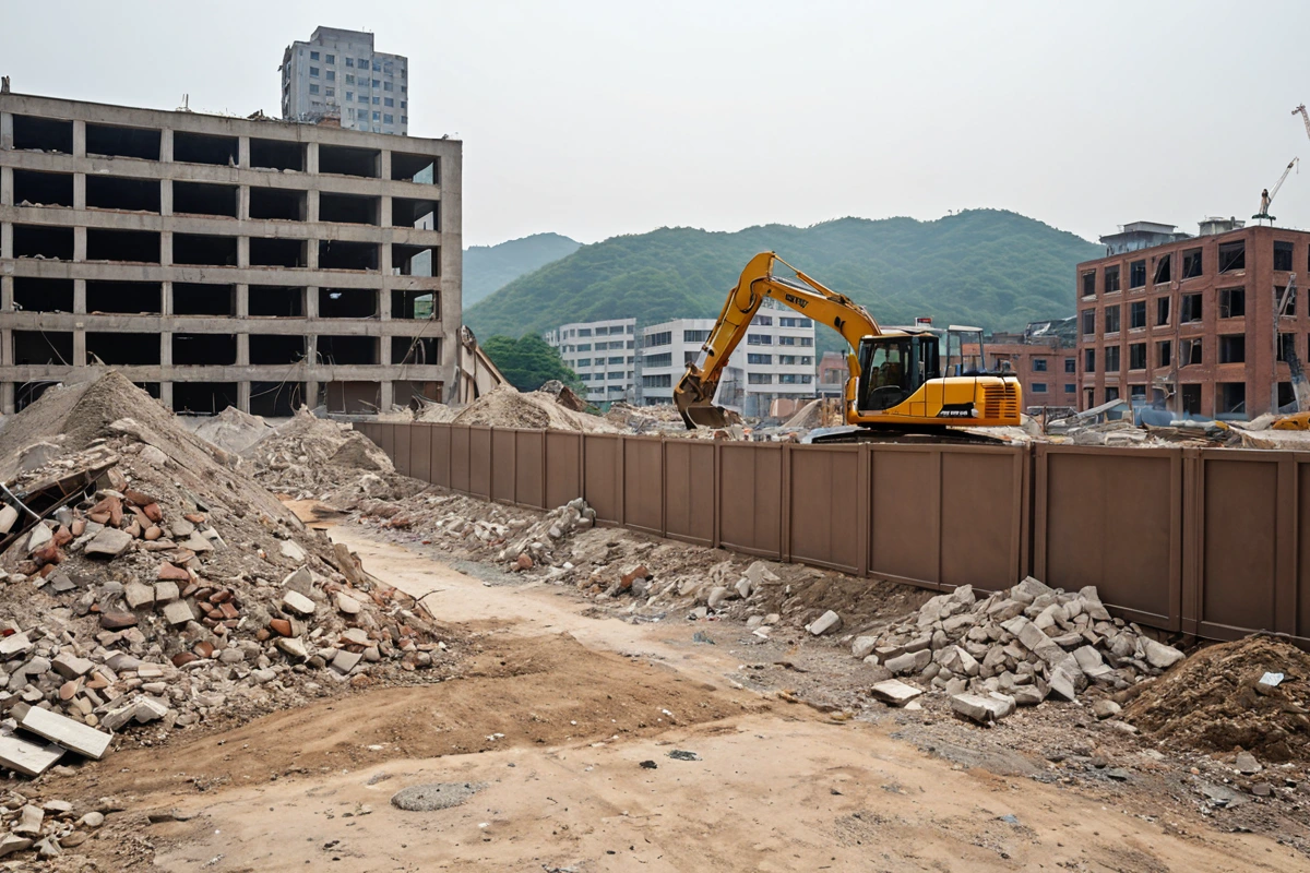 철거 작업 중인 구조물 주변에 설치된 안전 울타리와 먼지 차단 흡입 장비가 배치된 강서구 발산동 사무실 철거 현장, 주변 상가 건물이 보이는 외부 경계