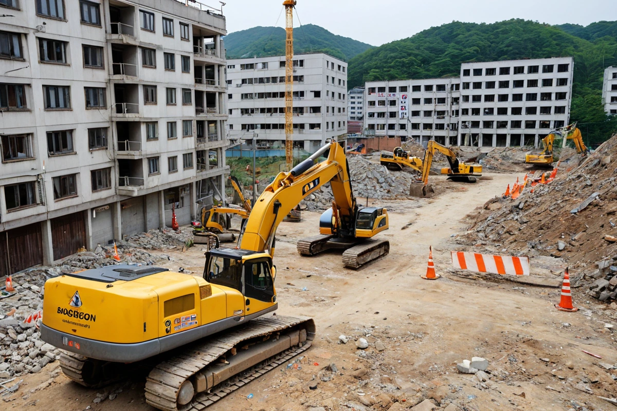 철거 전 안전 점검을 위한 봉천동 주택 현장, 철거 장비와 주변 건물 간의 안전 거리가 측정된 모습, 현장에 설치된 안전 표지판이 보이는 상황
