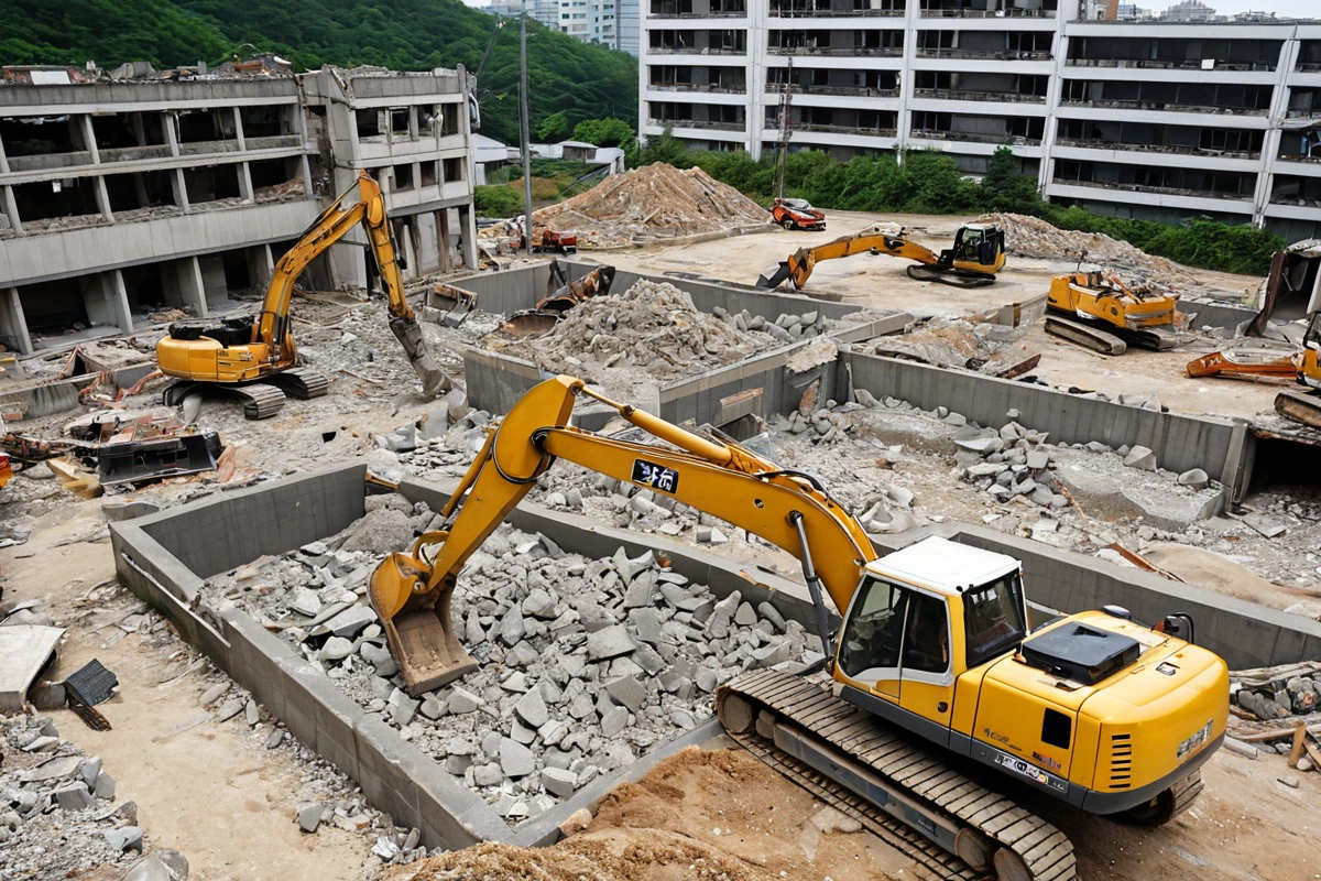 흑석동에서 진행된 주택 철거 현장. 50평 규모의 건물이 철거된 후 남은 잔해와 철거 장비가 정리된 공간. 건물의 연식과 철거 방식을 고려한 구조적인 철거 작업의 결과물이 보이는 